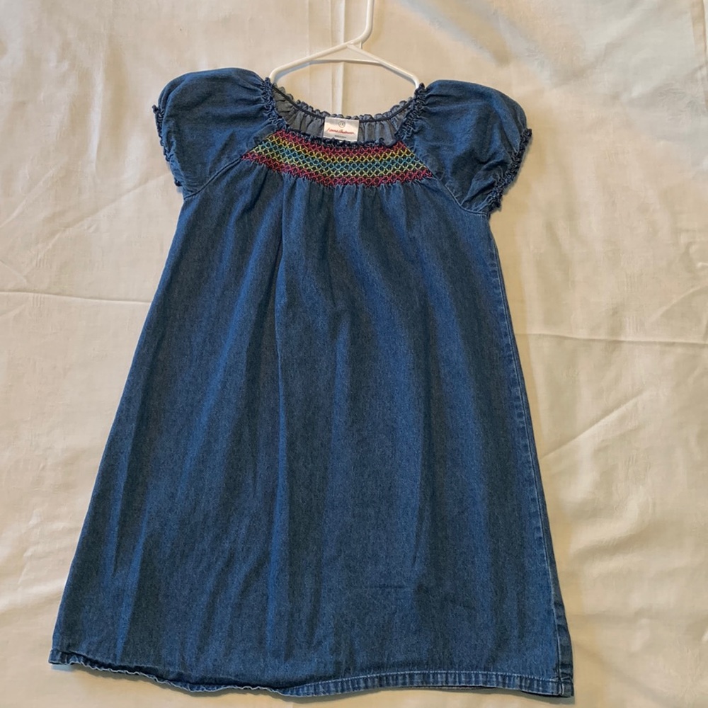 Hanna Anderson Cap Sleeve 130 Denim dress with rainbow embroidery